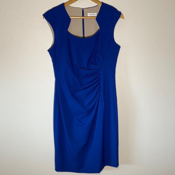 Calvin Klein Blue Pleat Detailed Sheath Back Zip Dress Size 10‎ - Picture 1 of 11